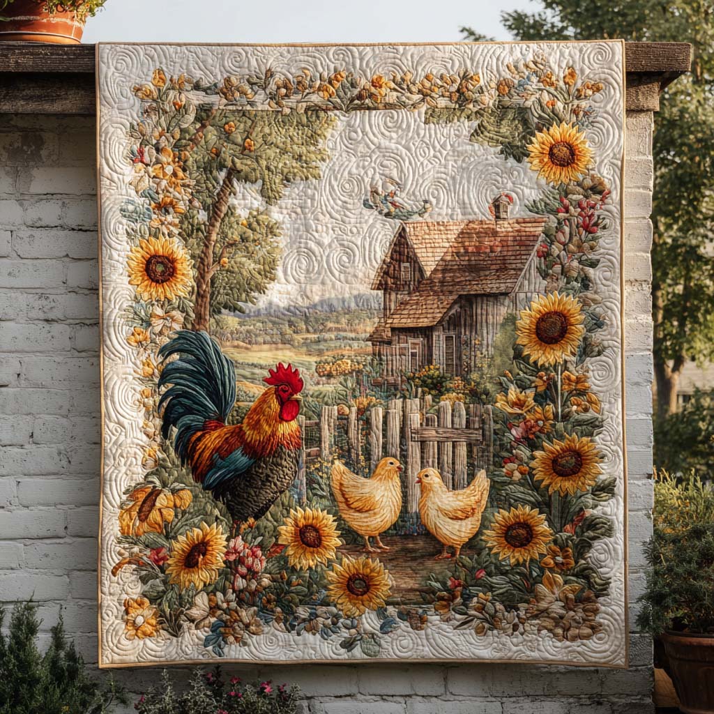 Sunflower Rooster Scene Quilted Blanket NCU0NT9154