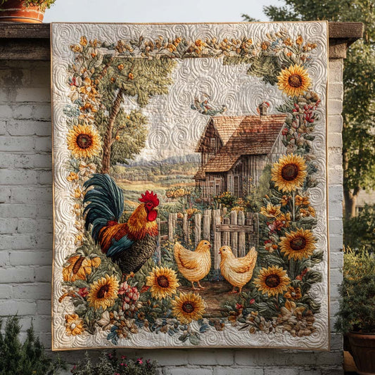 Sunflower Rooster Scene Quilted Blanket NCU0NT9154