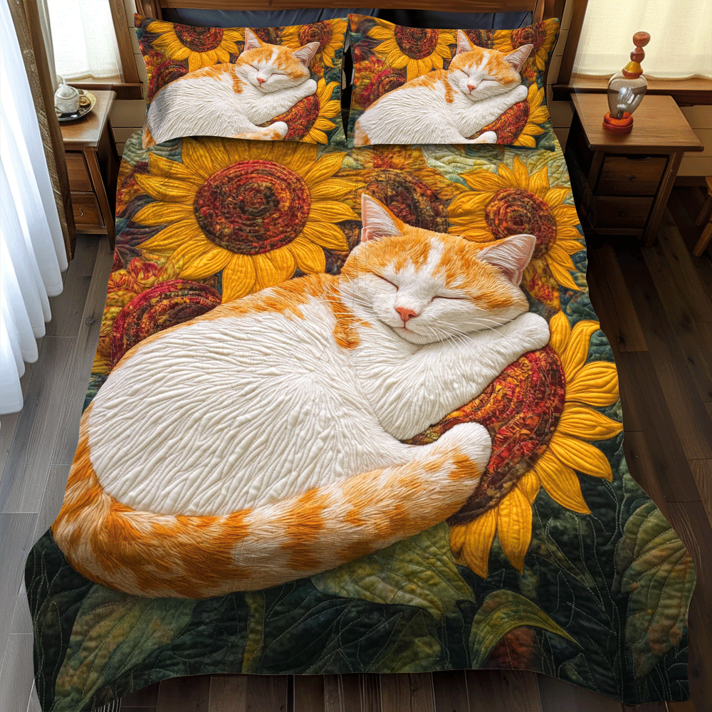 Sunflower Sleeping Cat 3-Piece Quilted Bedding Set NCU0PD634