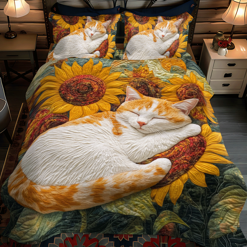 Sunflower Sleeping Cat 3-Piece Quilted Bedding Set NCU0PD634