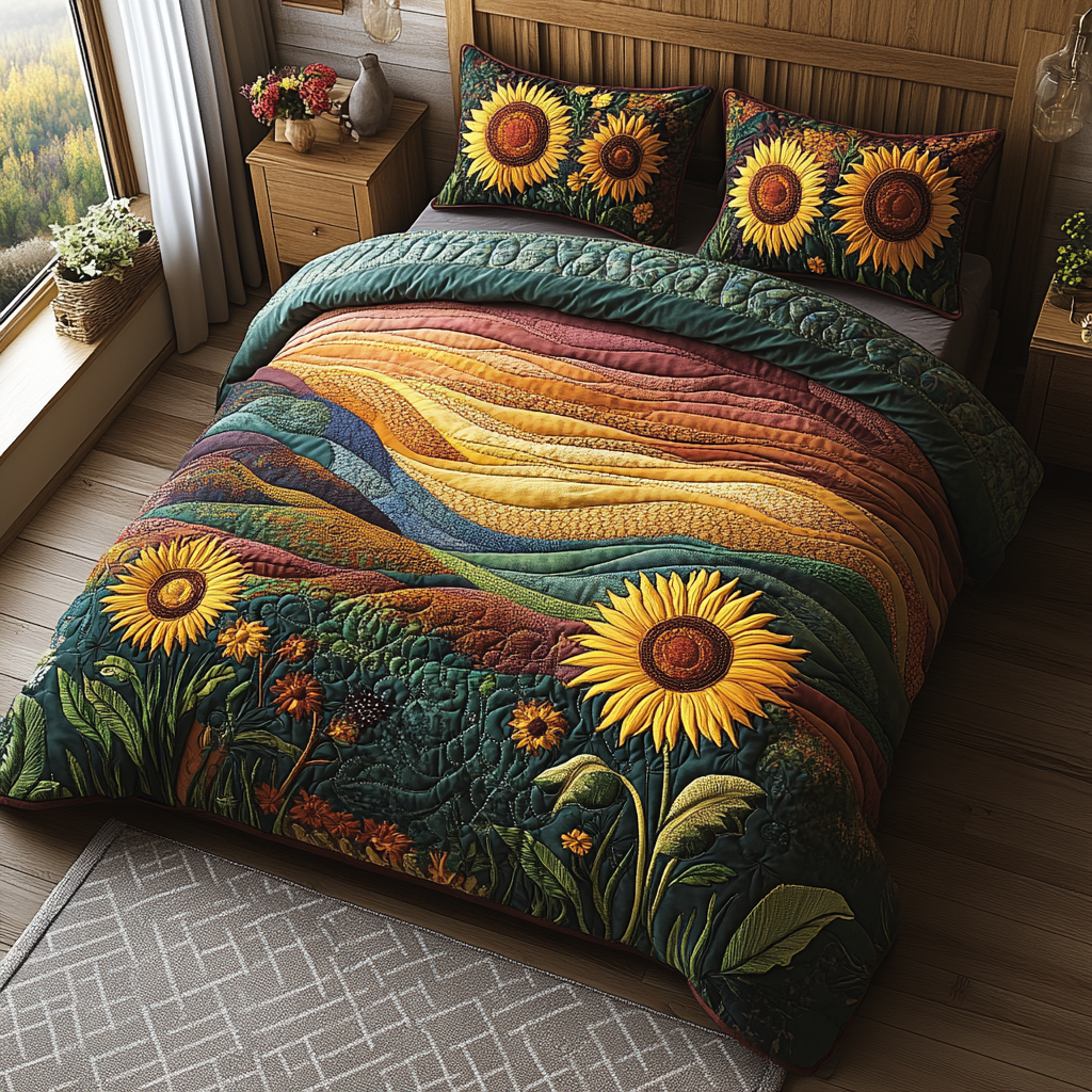 Sunflower Sunrise 3-Piece Quilted Bedding Set NCU0DV4142