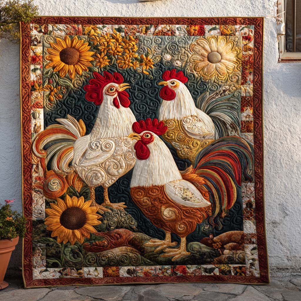 Sunflower Trio Roosters Quilted Blanket NCU0NT9155