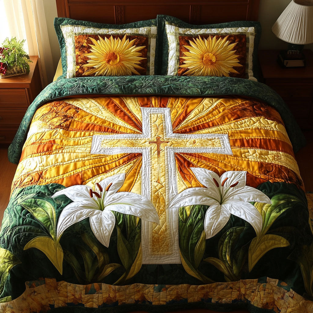 Sunlit Lily Cross 3-Piece Quilted Bedding Set NCU0NT5102