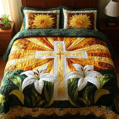 Sunlit Lily Cross 3-Piece Quilted Bedding Set NCU0NT5102