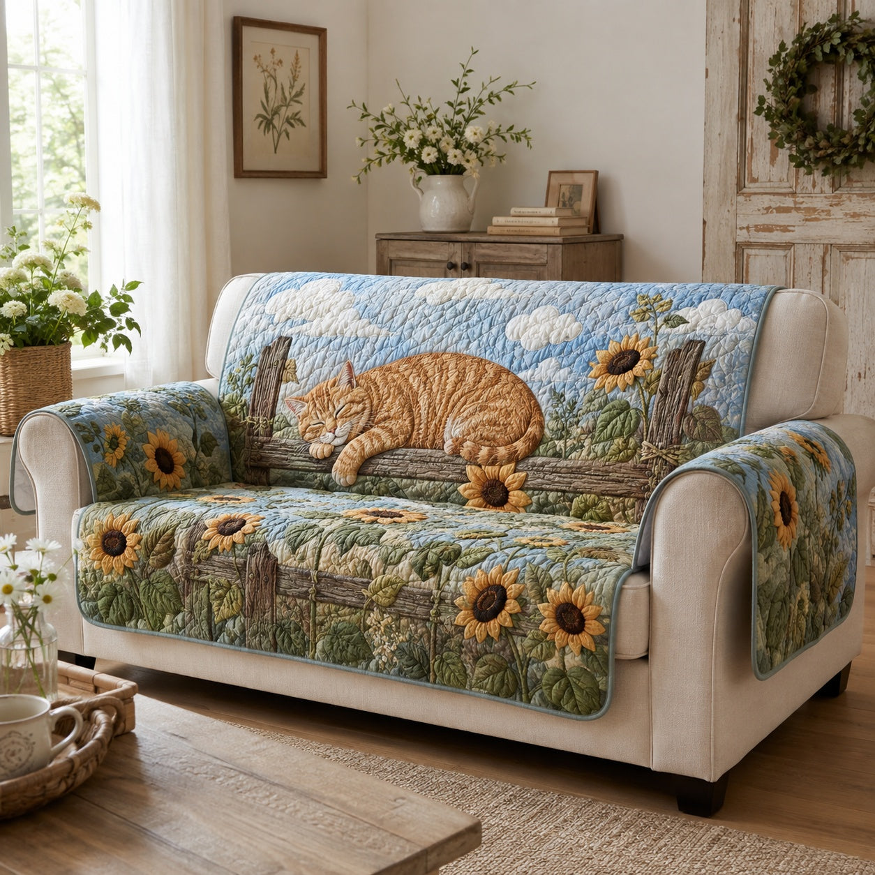 Sunlit Paws And Petals Quilted Sofa Cover NCU0VL3922