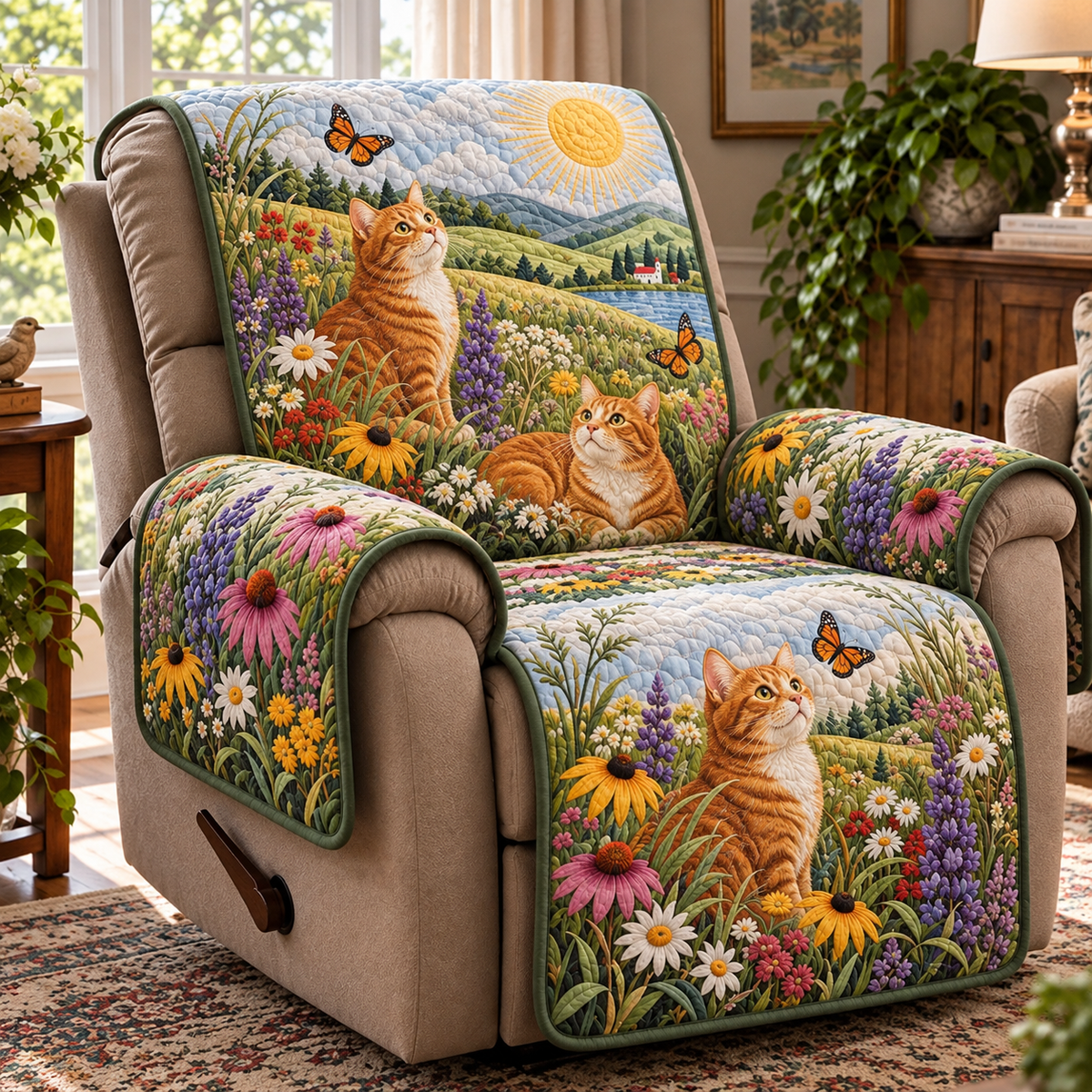 Sunny Wildflower Tabby Cat Quilted Sofa Cover NCU0DV10517