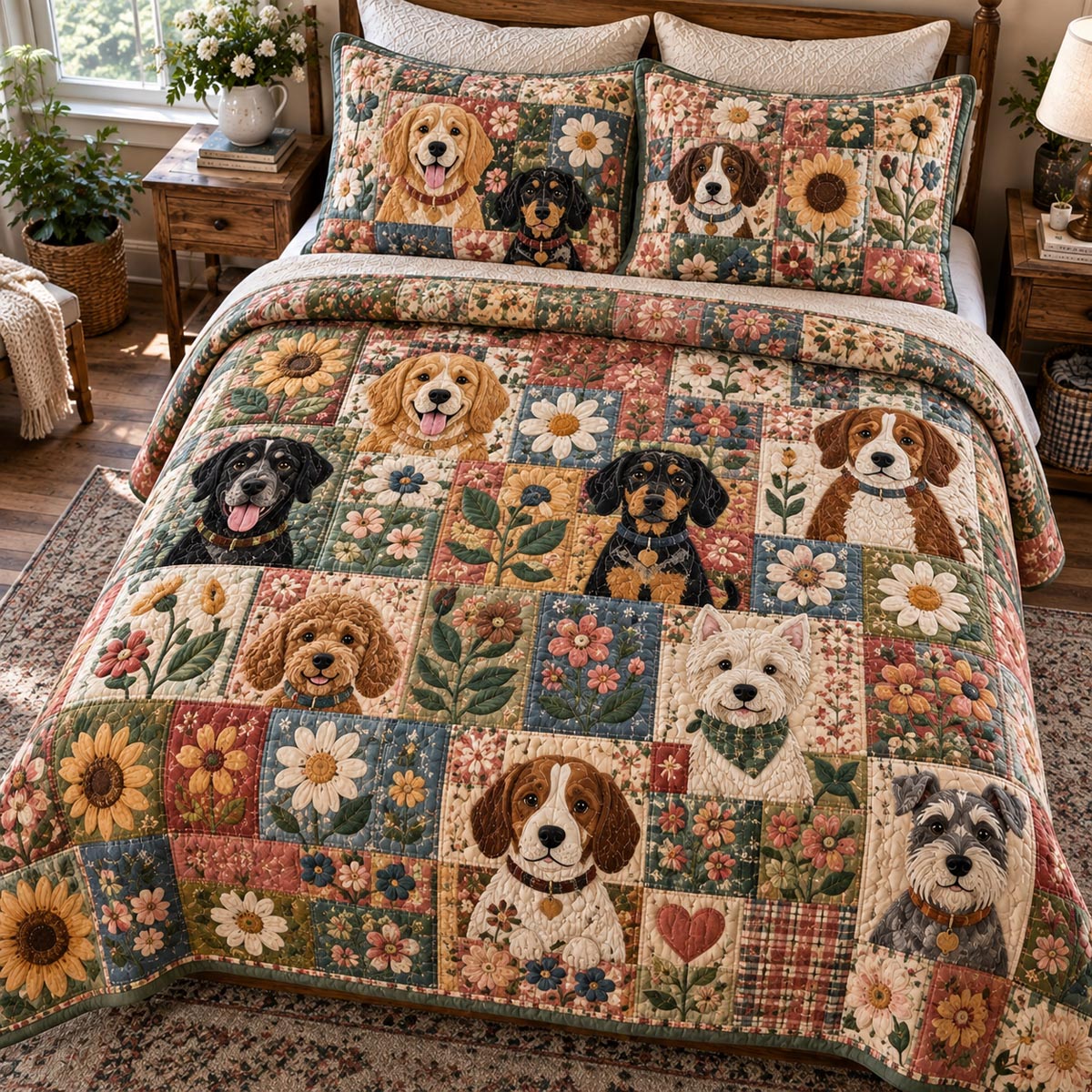Sunny Dog Garden 3-Piece Quilted Bedding Set NCU0DV10502