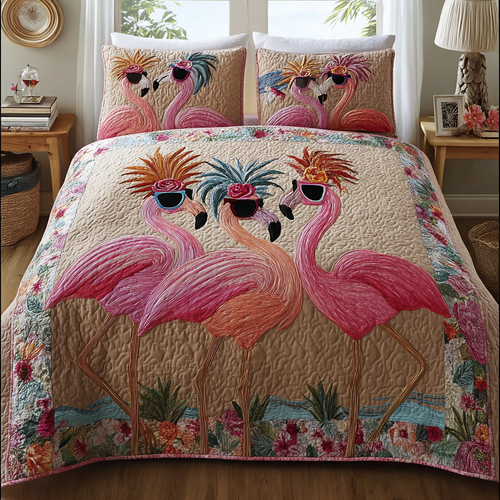 Sunny Flamingo 3-Piece Quilted Bedding Set NCU0DK9033