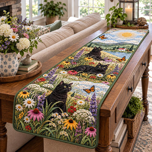 Sunny Wildflower Cat Quilted Table Runner NCU0DV10478