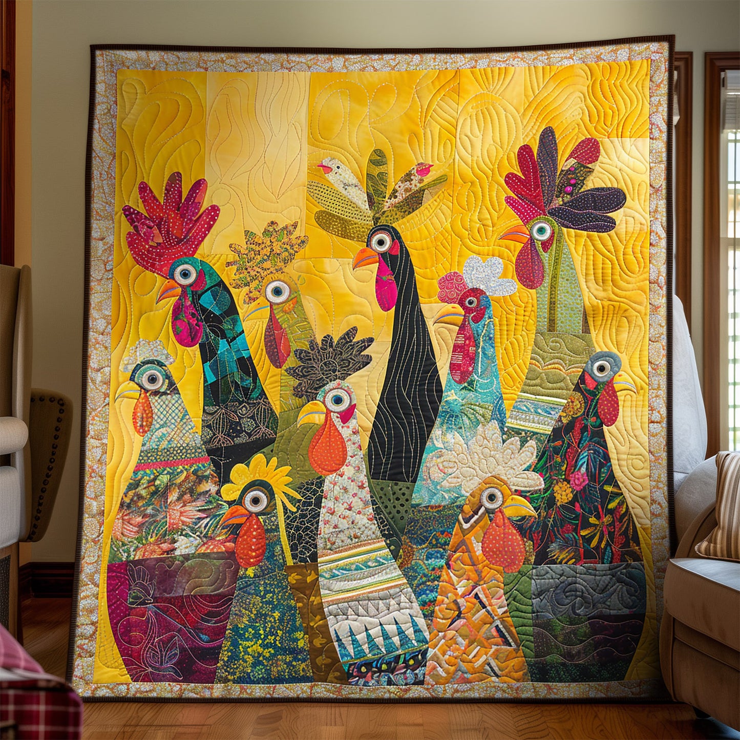 Sunrise Roosters Art Quilt Hanging NCU0TH1570