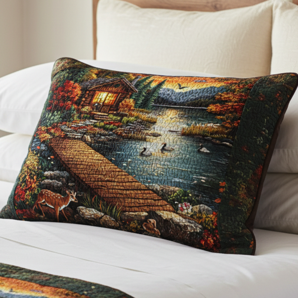 Sunset Cabin Lake Quilted Bedding Pillow Case NCU0NT5169