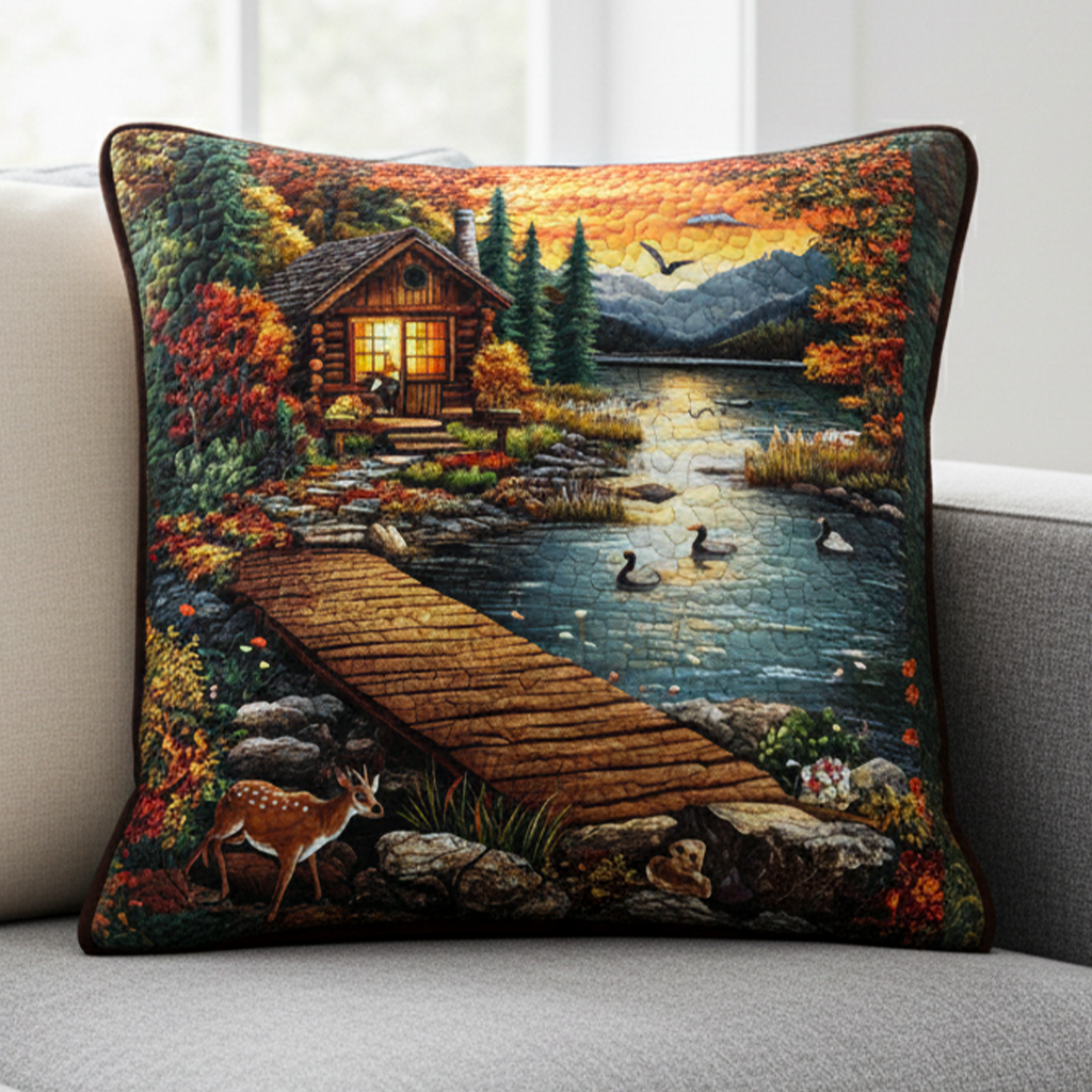 Sunset Cabin Lake Quilted Pillow Case NCU0NT5169