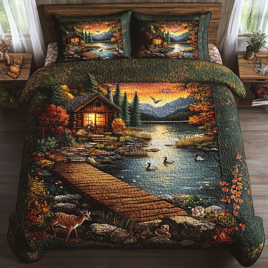 Sunset Cabin Lake 3-Piece Quilted Bedding Set NCU0NT5169