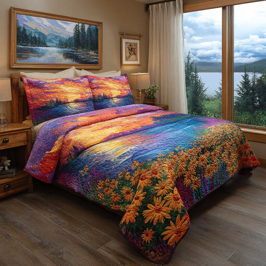 Sunset Daisy Field 3-Piece Quilted Bedding Set NCU0VL3042