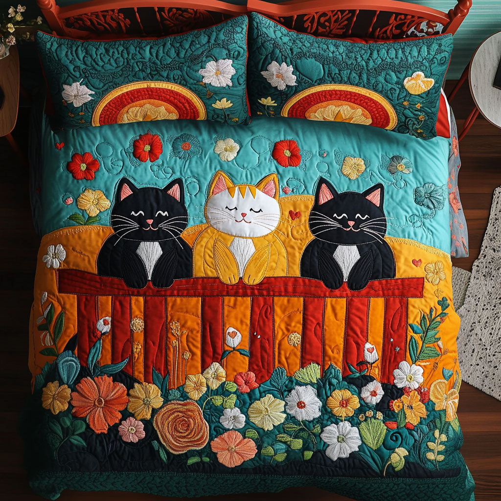 Sunset Fence Cats 3-Piece Quilted Bedding Set NCU0NT7352