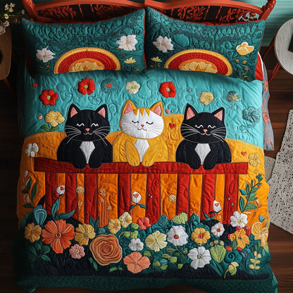 Sunset Fence Cats 3-Piece Quilted Bedding Set NCU0NT7352