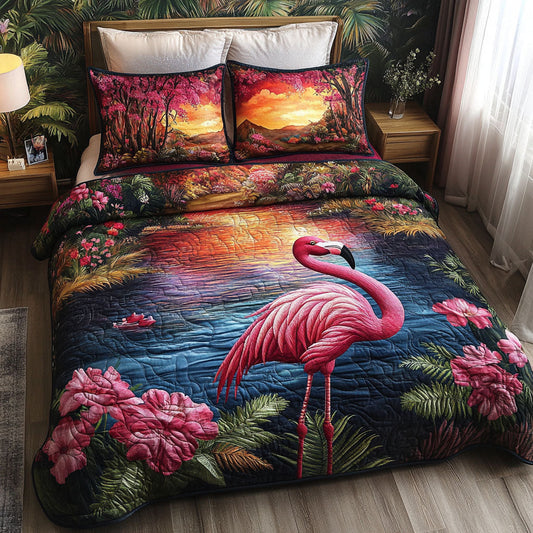 Sunset Flamingo Scene 3-Piece Quilted Bedding Set NCU0PT6061