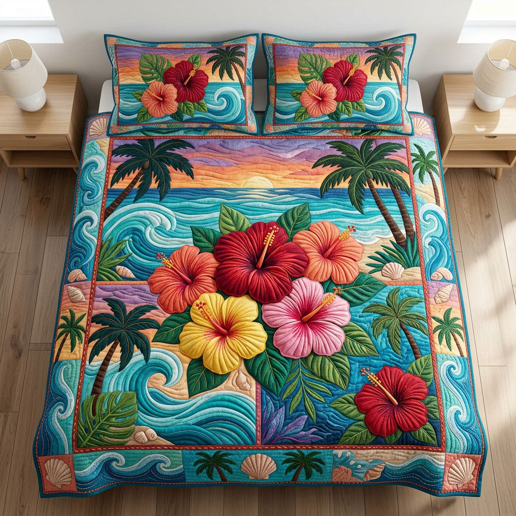 Sunset Hibiscus 3-Piece Quilted Bedding Set NCU0TD2608