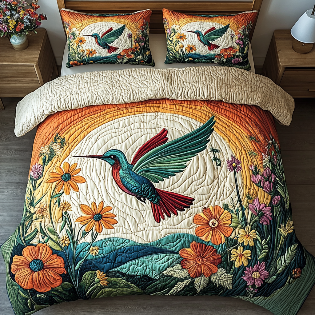 Sunflower Whispers Hummingbird 3-Piece Quilted Bedding Set NCU0VL1197
