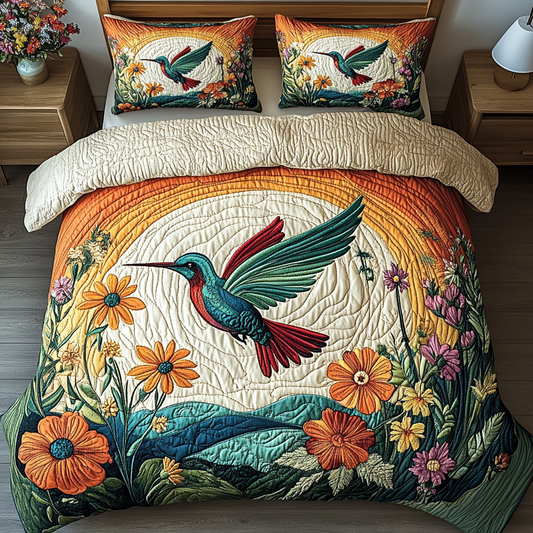 Sunflower Whispers Hummingbird 3-Piece Quilted Bedding Set NCU0VL1197