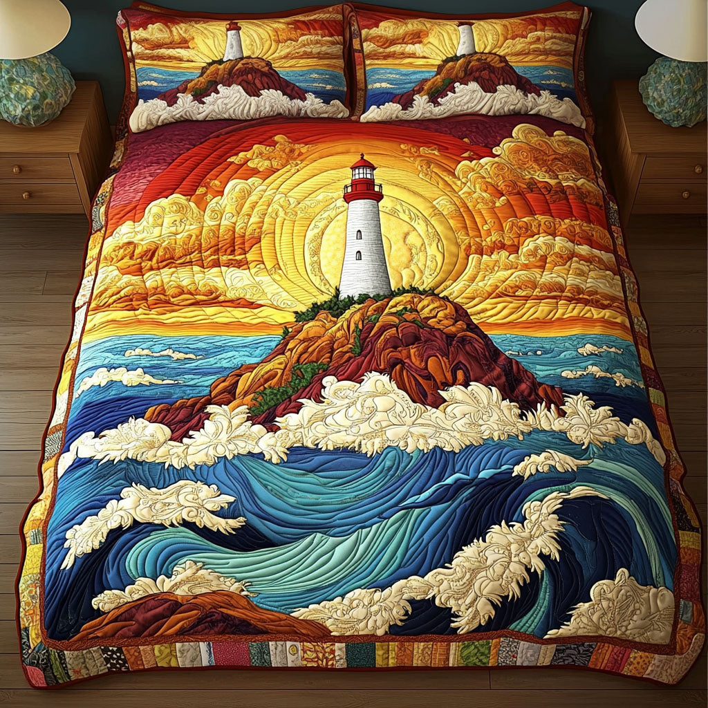Sunset Lighthouse View 3-Piece Quilted Bedding Set NCU0NT3362