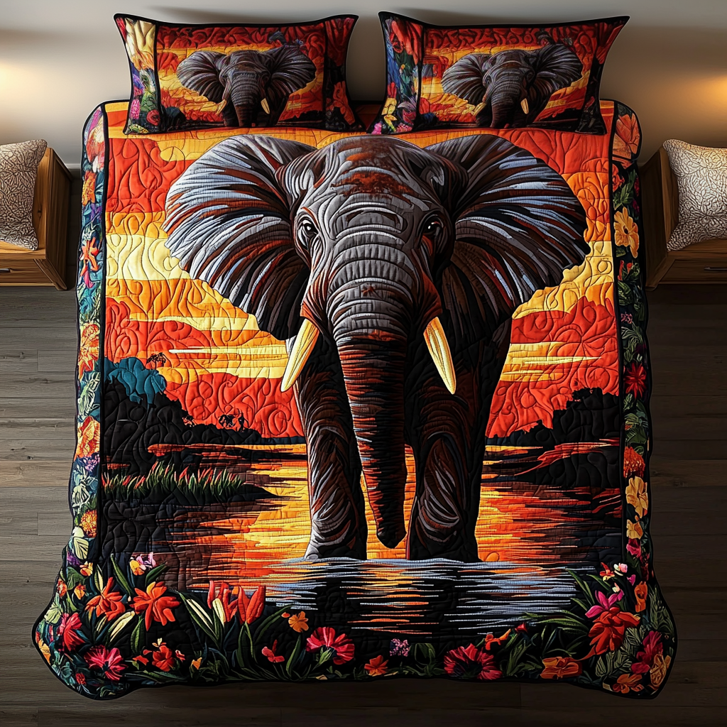 Sunset Majesty Elephant 3-Piece Quilted Bedding Set NCU0NT3200