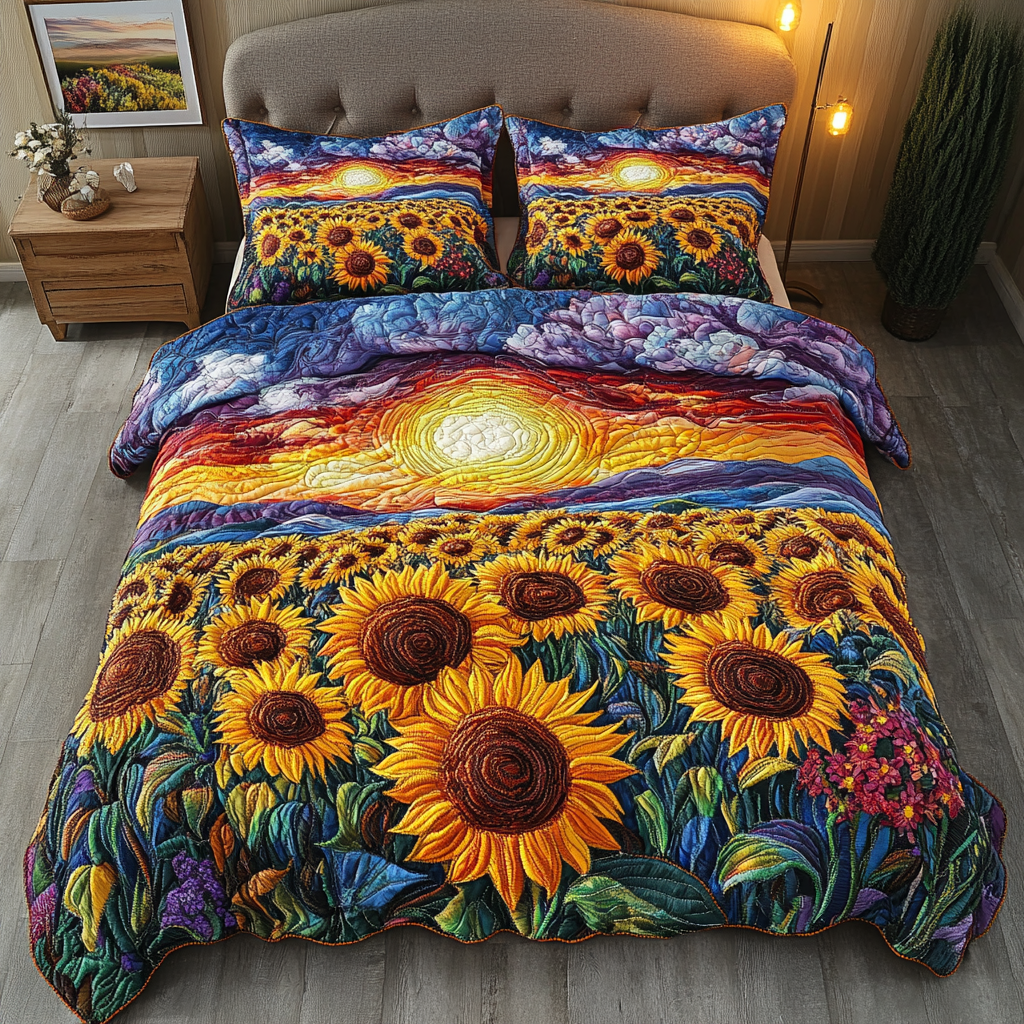 Sunset Sunflower Field 3-Piece Quilted Bedding Set NCU0VL1180