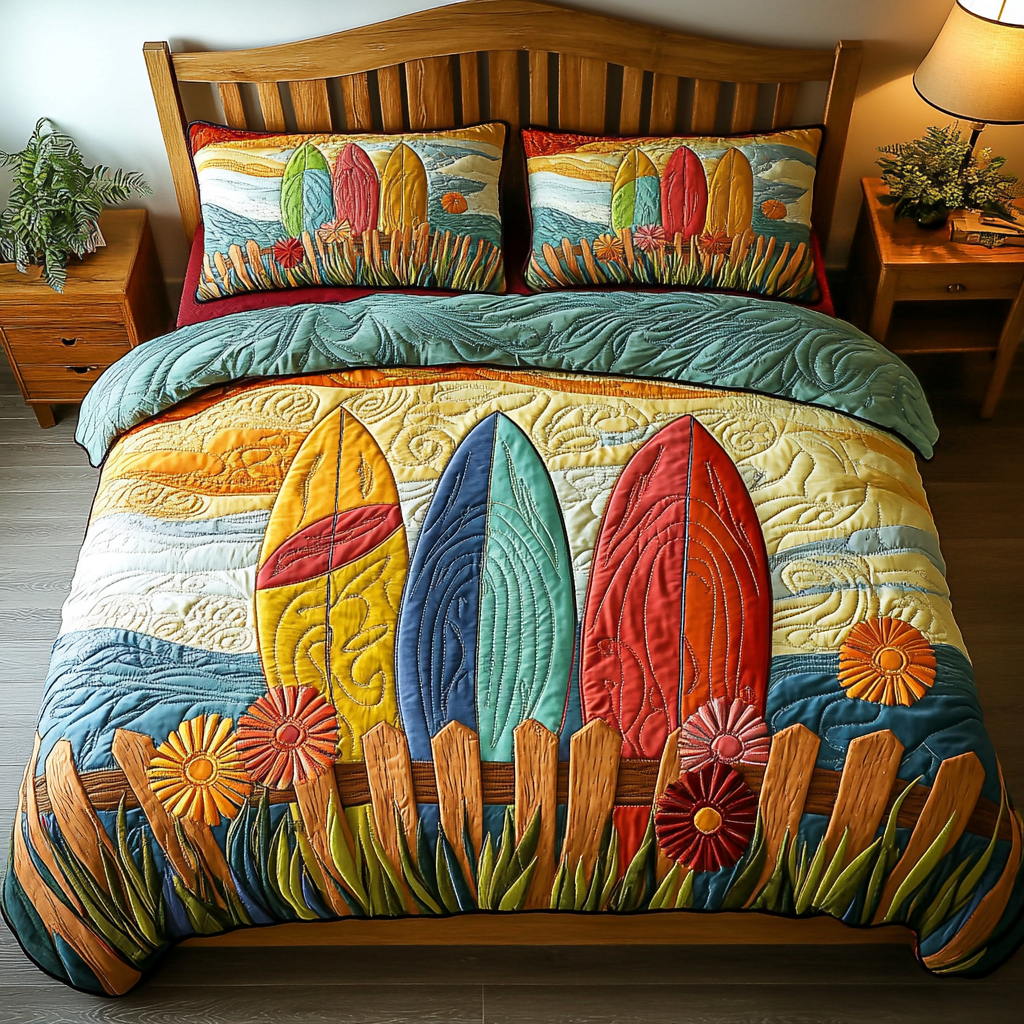 Sunset Surfboard 3-Piece Quilted Bedding Set NCU0DK7542