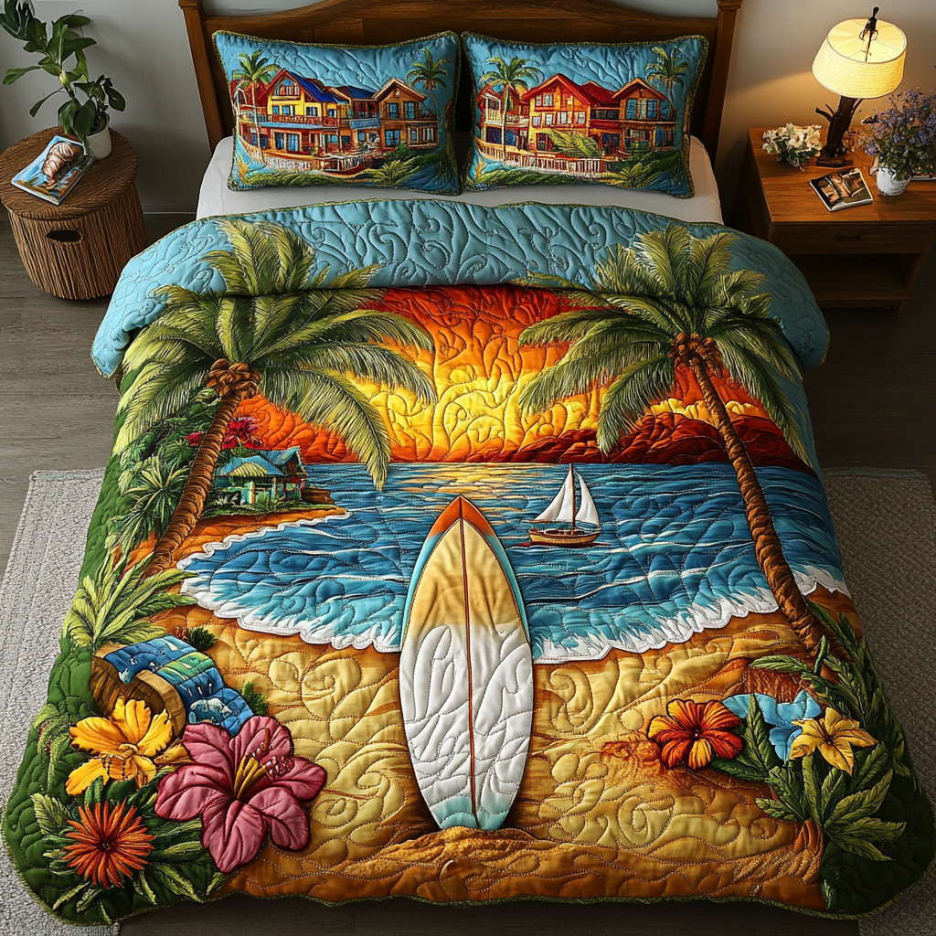 Surfboard Waves 3-Piece Quilted Bedding Set NCU0DK7544