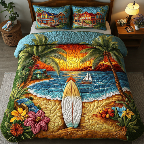 Surfboard Waves 3-Piece Quilted Bedding Set NCU0DK7544