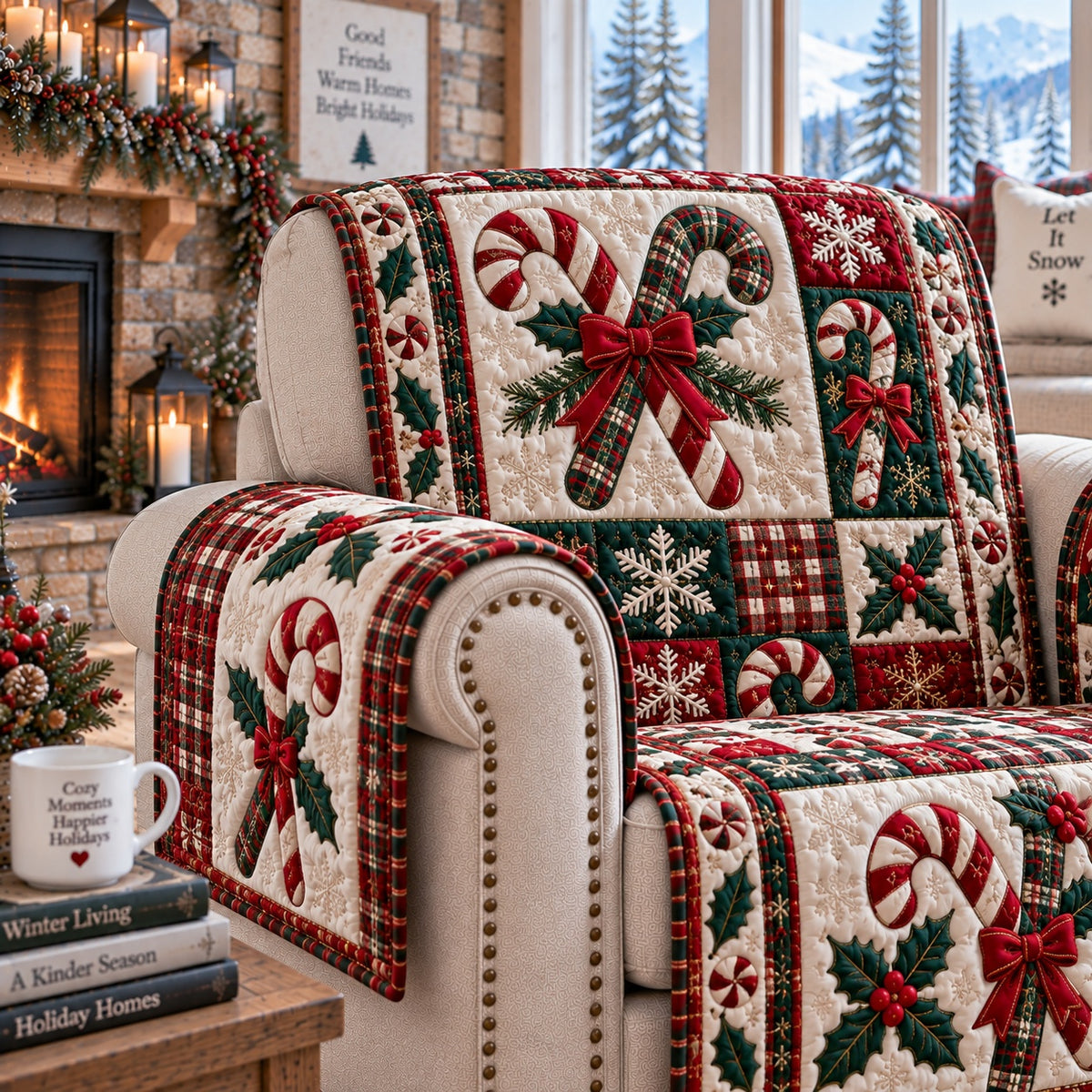 Sweet Crimson Canes Quilted Sofa Cover NCU0VL4032