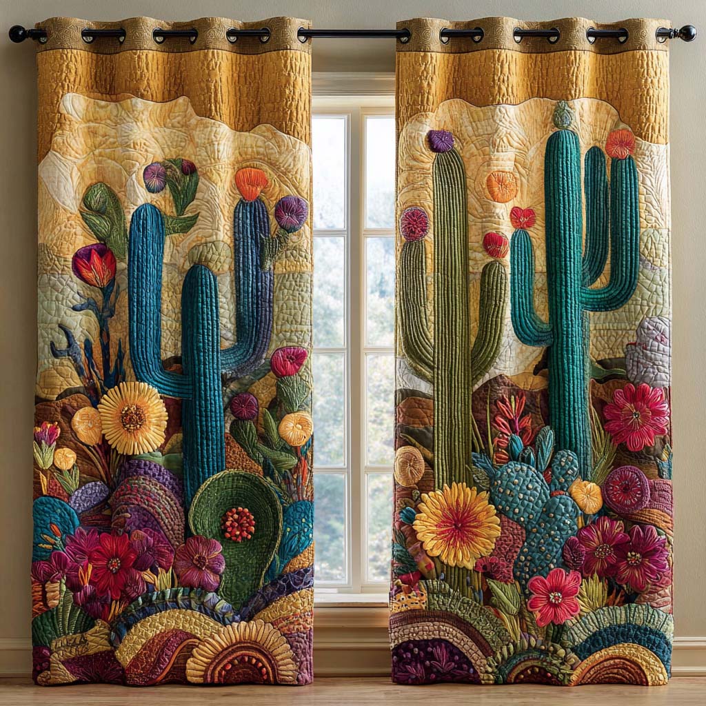 Teal Bloom Cactus Quilted Curtains NCU0XD2003