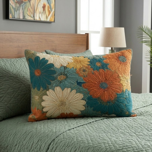 Teal Daisy Mosaic Quilted Bedding Pillow Case NCU0VL3054