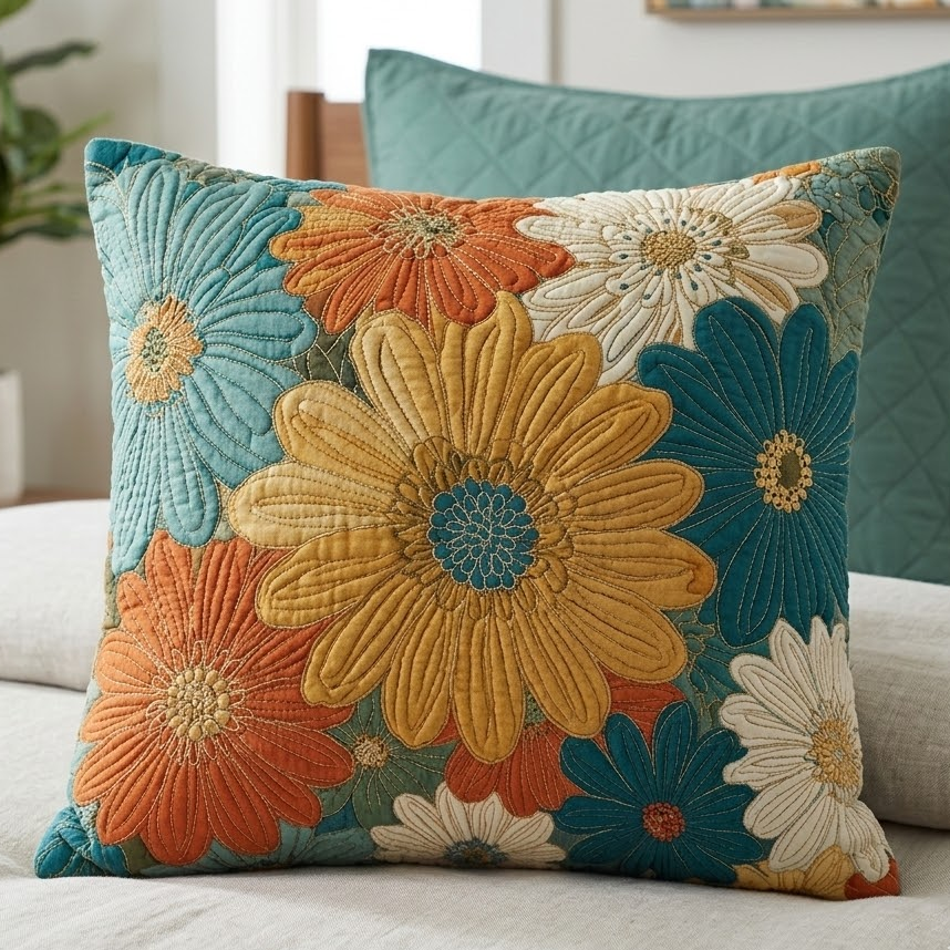 Teal Daisy Mosaic Quilted Pillow Case NCU0VL3054