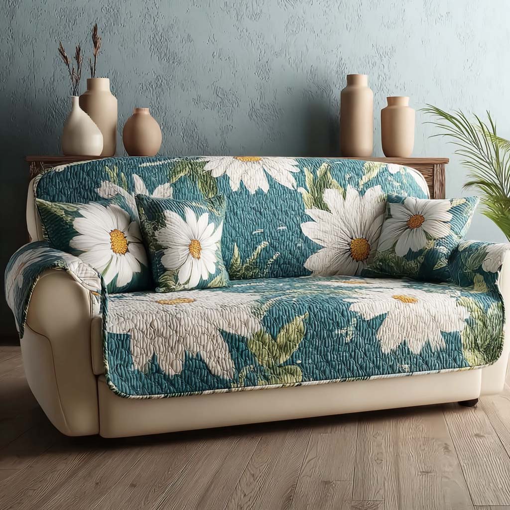 Teal Daisy Quilted Sofa Cover NCU0HH1839
