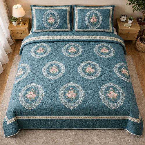 Teal Floral Medallion 3-Piece Quilted Bedding Set NCU0TV1707