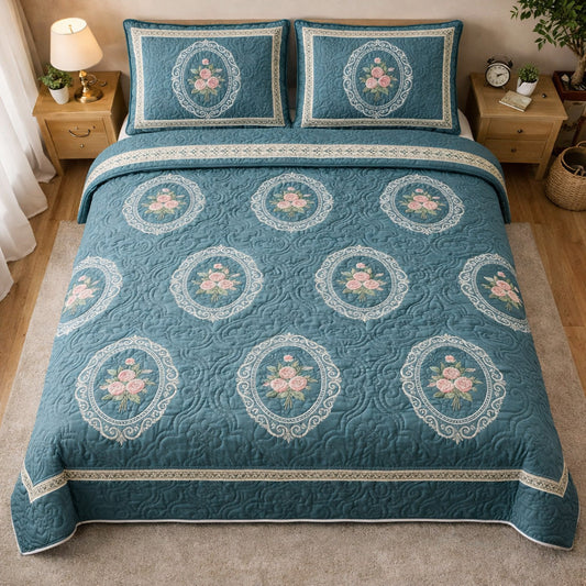 Teal Floral Medallion 3-Piece Quilted Bedding Set NCU0TV1707