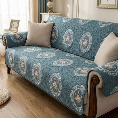 Teal Floral Medallion Quilted Sofa Cover NCU0TV1546