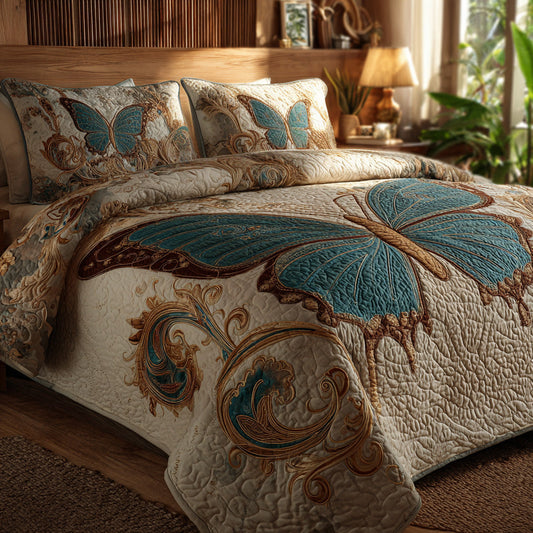 Teal Monarch 3-Piece Quilted Bedding Set NCU0VL3167