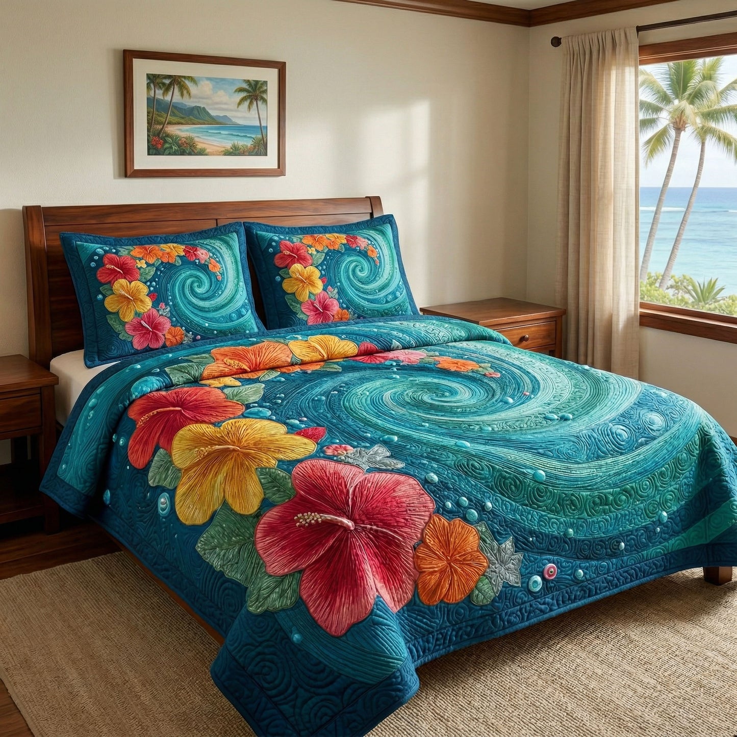 Teal Ocean 3-Piece Quilted Bedding Set NCU0NT12727