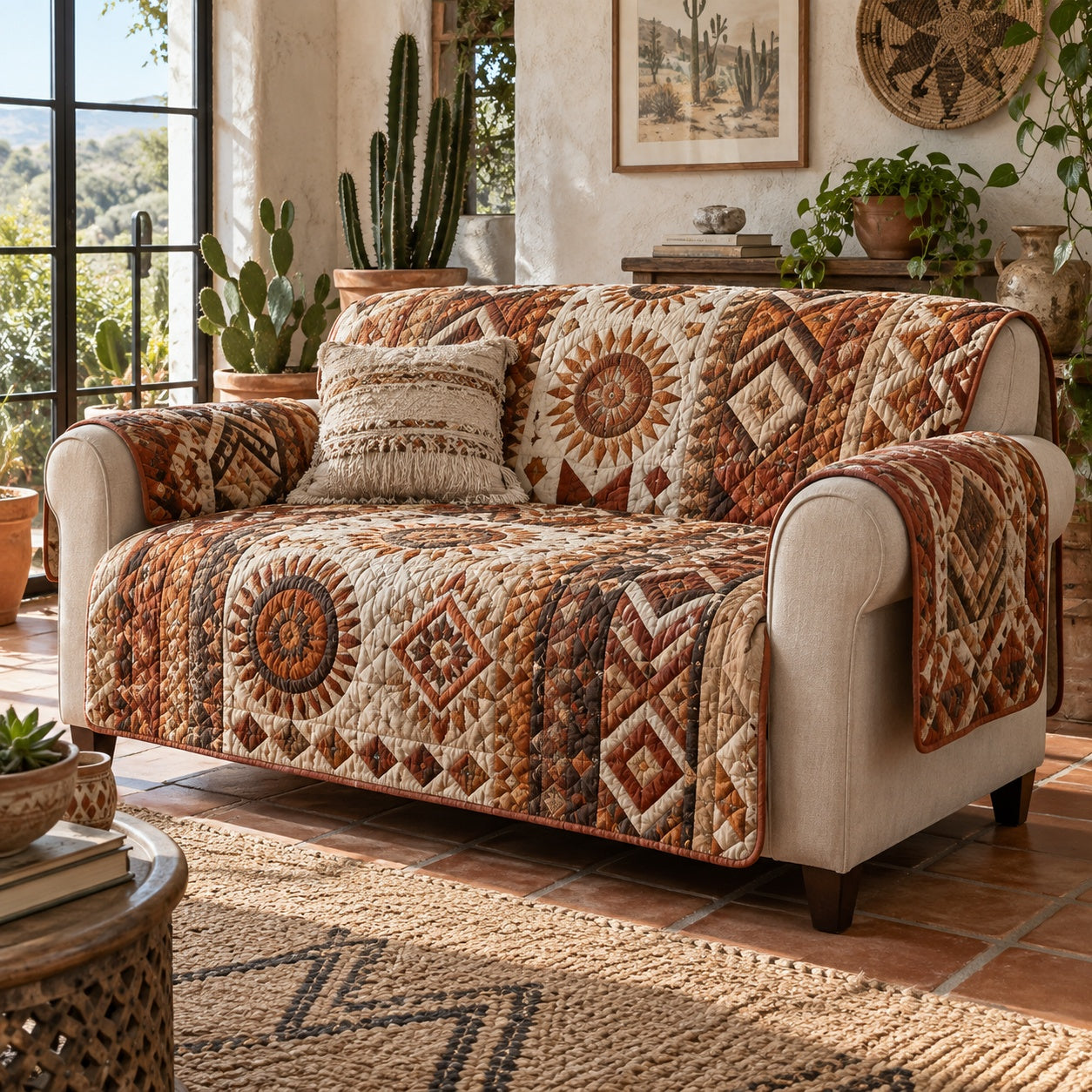 Terracotta Sunburst Quilted Sofa Cover NCU0VL4022