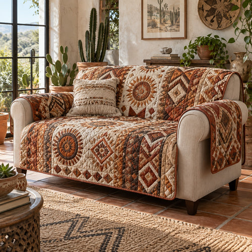 Terracotta Sunburst Quilted Sofa Cover NCU0VL4022