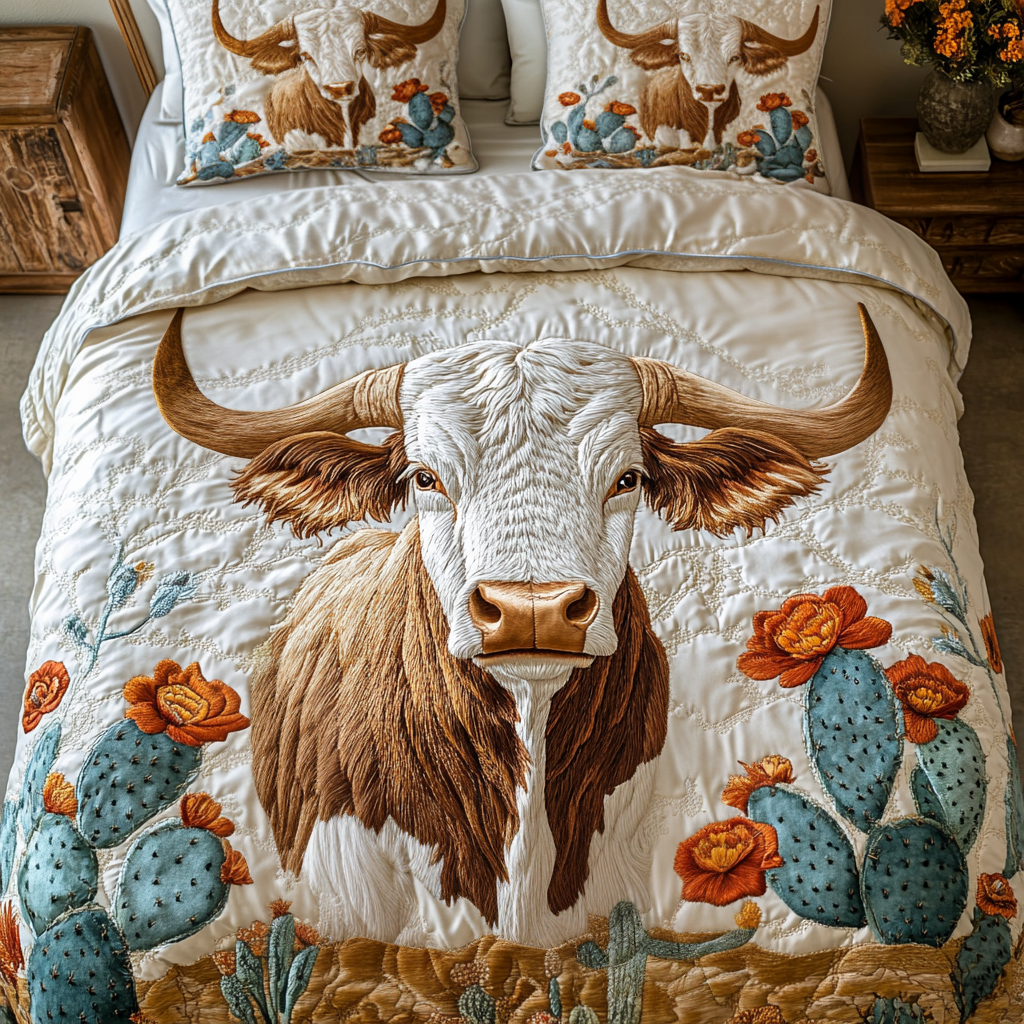 QUEEN Texas Longhorn 3-Piece Quilted Bedding Set NCU0VH5196