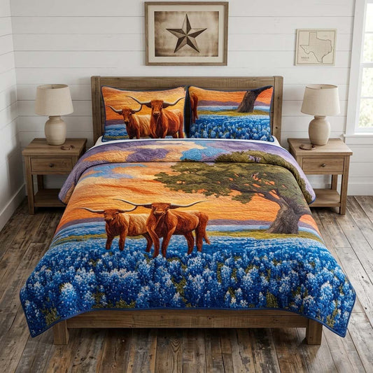 Texas Longhorn Sunset 3-Piece Quilted Bedding Set NCU0QD011