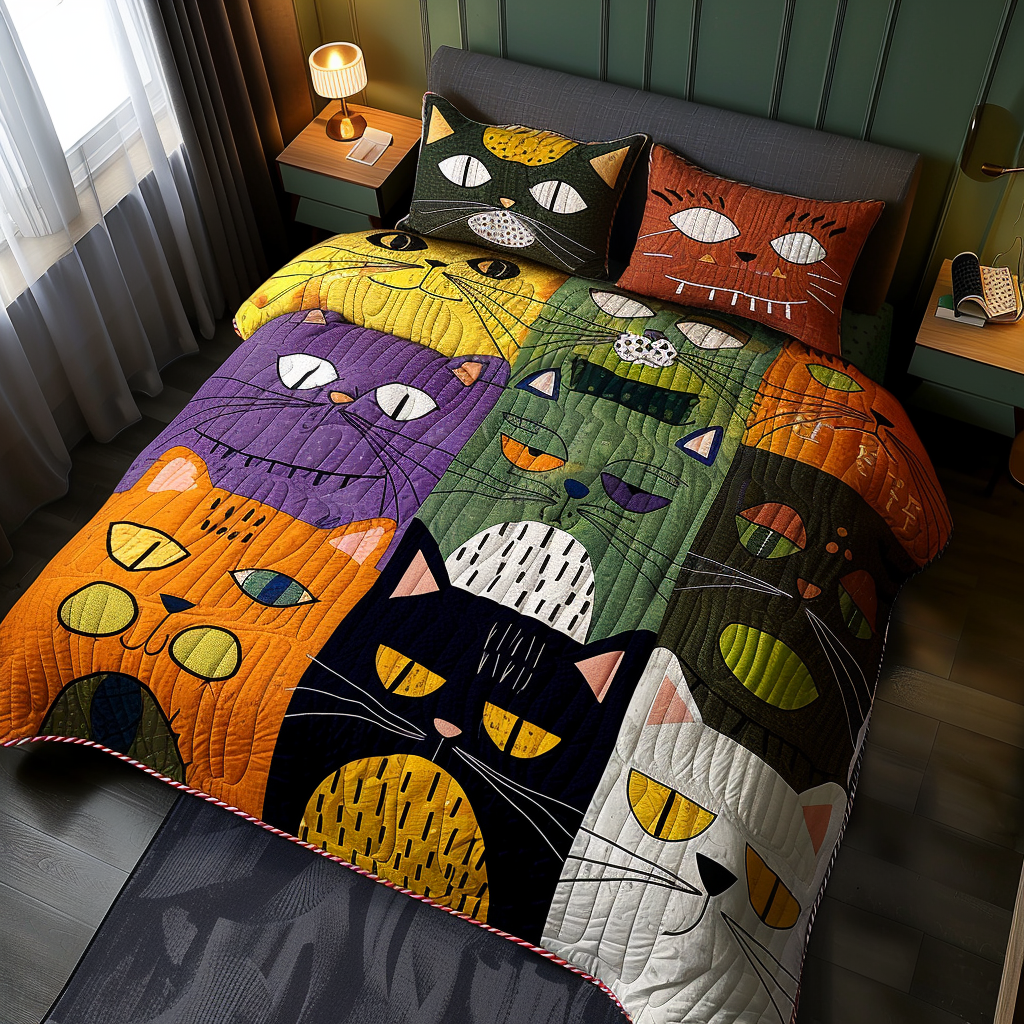 The Meow Mosaic 3-Piece Quilted Bedding Set NCU0DV4218