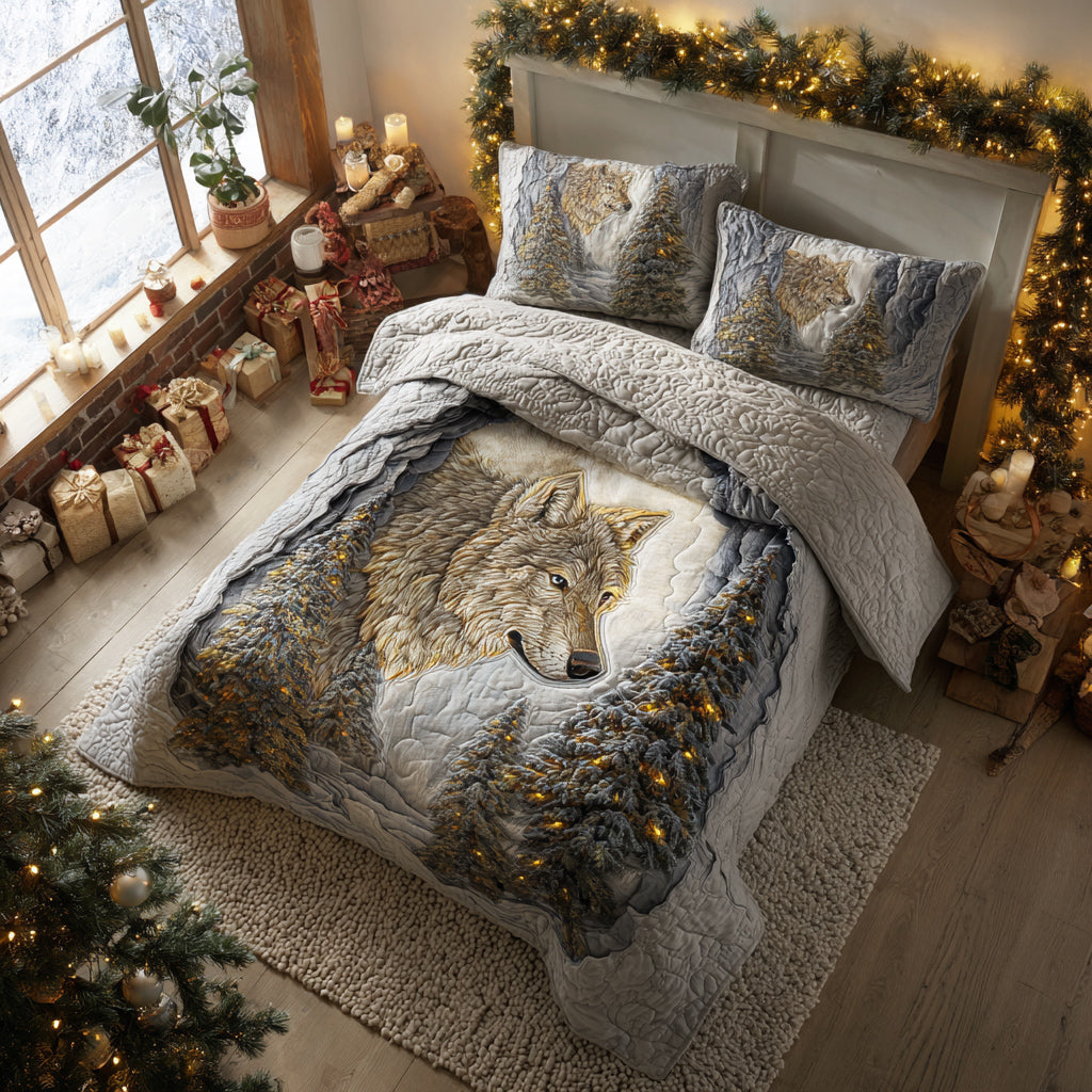 Timber Wolf Stare 3-Piece Quilted Bedding Set NCU0HH1450