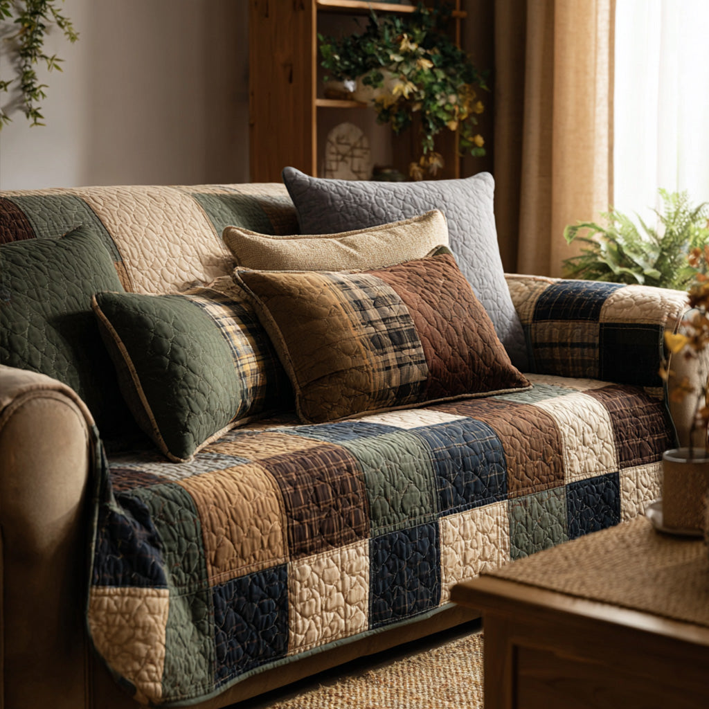 Farmhouse Patchwork Quilted Sofa Cover NCU0VT365