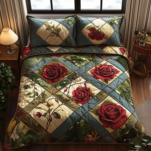 Timeless Red Rose 3-Piece Quilted Bedding Set NCU0DV4487