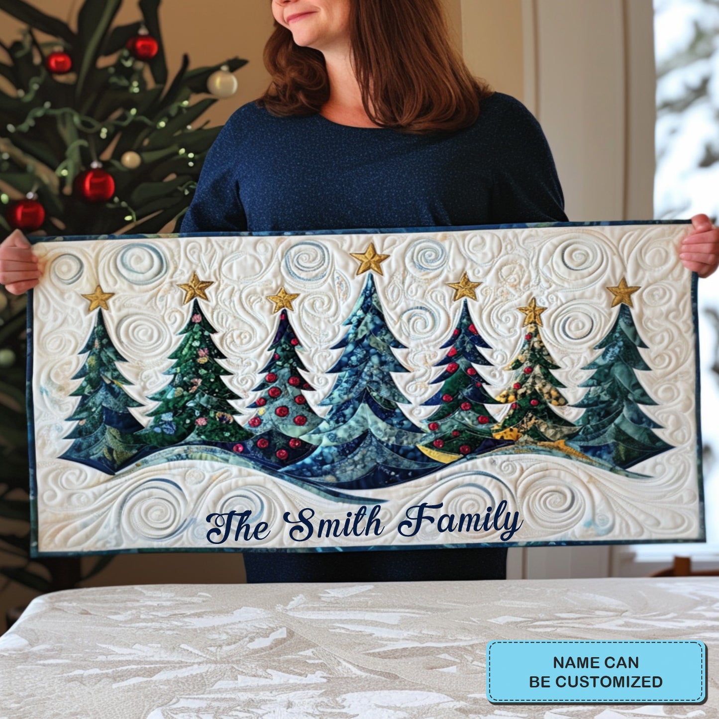 Tinsel Tree Trails Personalized Quilted Table Runner