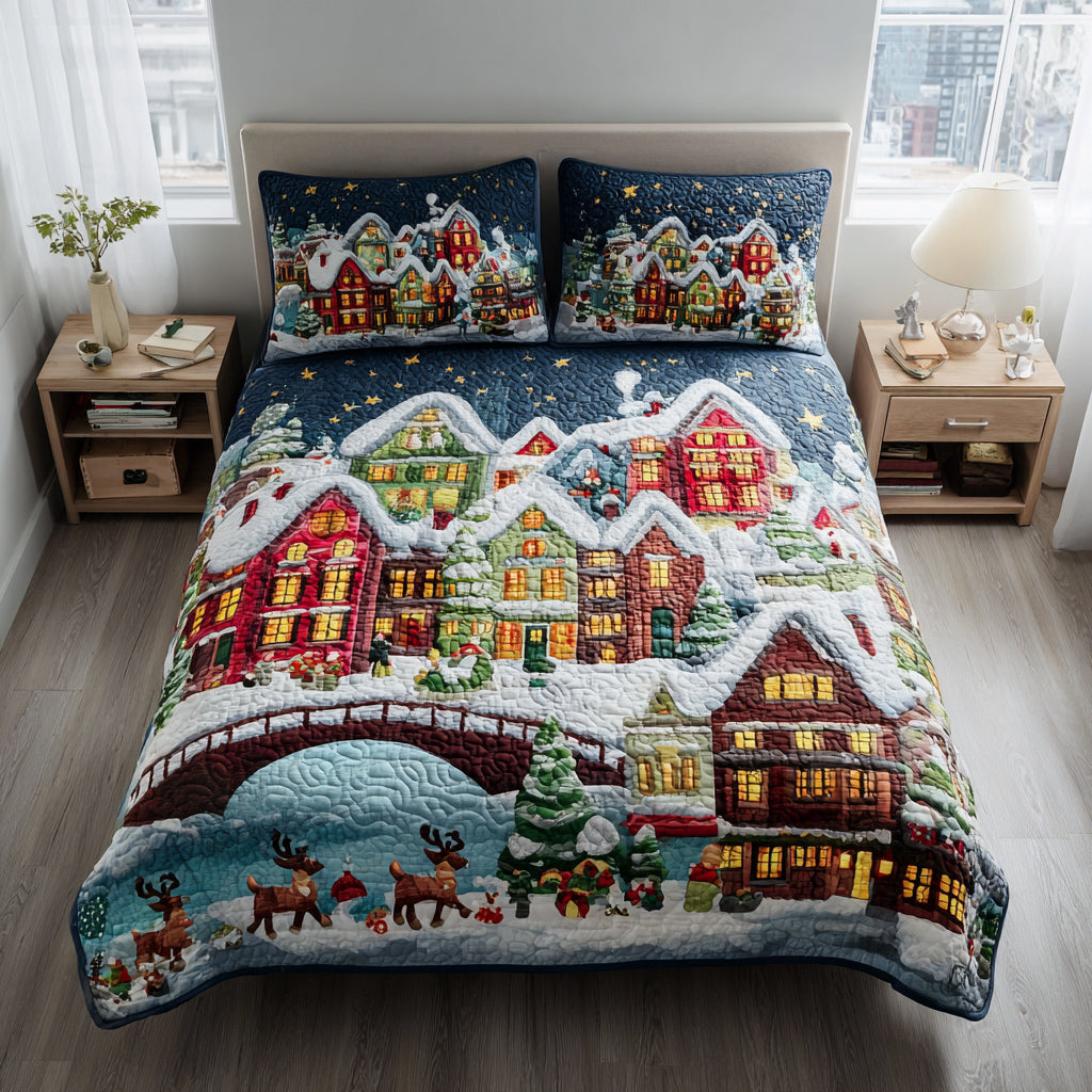 Town Christmas Village Bridge 3-Piece Quilted Bedding Set NCU0HH883